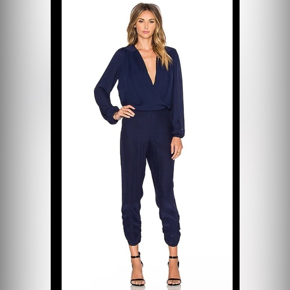 Parker Petrol navy blue silk jumpsuit v-neck and keyhole size L Revolve